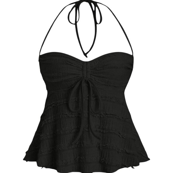 Women's Peplum Halter Crop Tops Y2K Drawstring Tie Ruched Dressy Casual - Picture 1 of 5